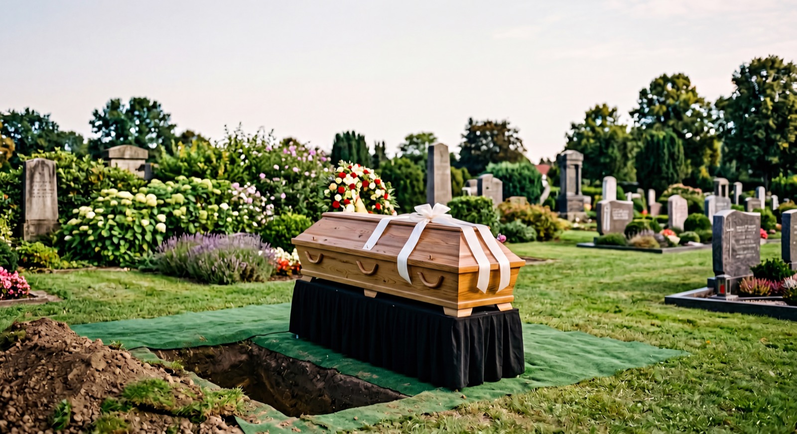 Sarg mit Blumenschmuck am offenen Grab auf dem Inselfriedhof Wangerooge