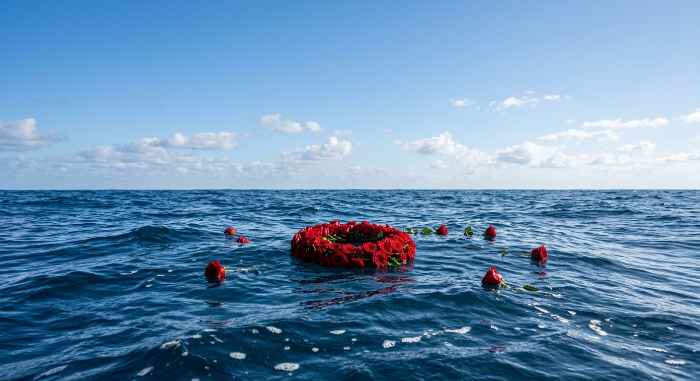 Trauerkranz aus roten Rosen treibt auf der Nordsee vor Wangerooge