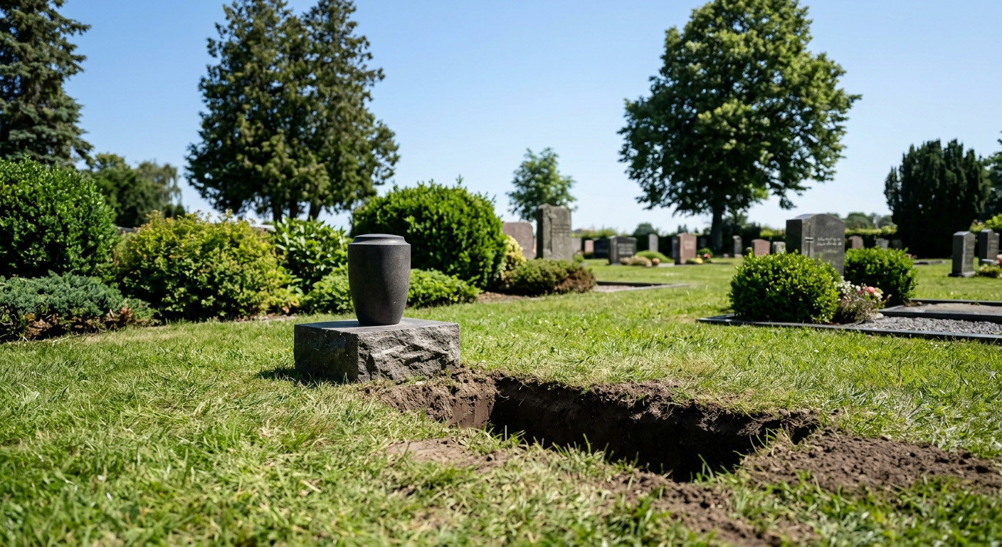 Urne auf einem Grabstein neben einem offenen Urnengrab auf dem Inselfriedhof Wangerooge